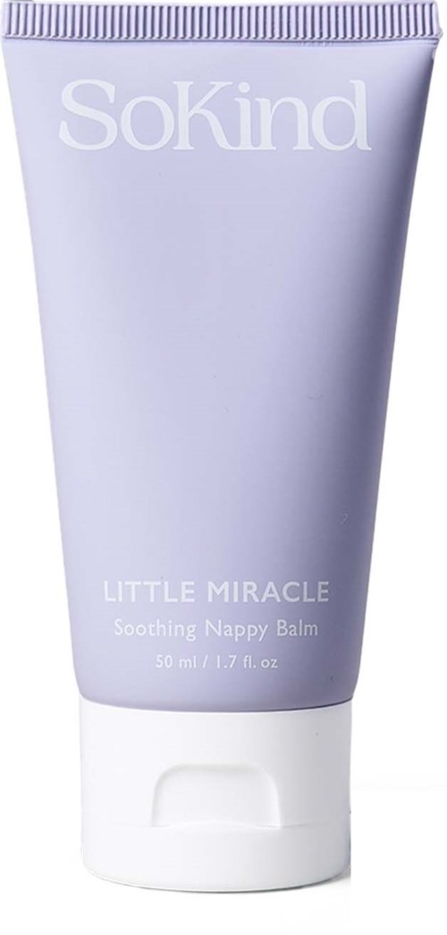 En lila tub med Sokind Little Miracle lugnande blöjbalsam med vit lock.
