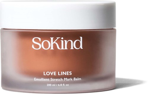 En burk med SoKind Love Lines Emollient Stretch Mark Balm med vit lock och brunt innehåll.