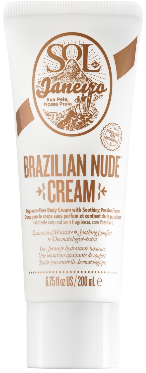 En hvit tube med brasiliansk nude-krem med brunt tekst og logo, indicating hudpleieprodukt med 200 ml kapasitet.