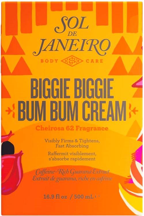 Bright orange packaging for BUM BUM CREAM with yellow and pink accents, featuring bold black text and a tropical theme.