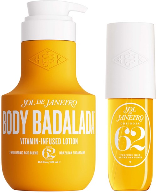 Gule flasker af Sol de Janeiro Body Badala og 62 parfymemist med hvide låg.