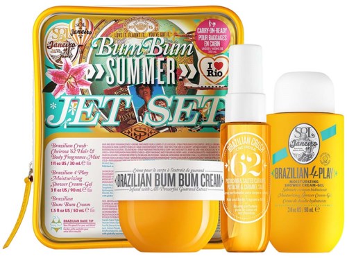 Setetet innehåller kroppskrämer, mist och lotion med tropiska och sommarinspirerade etiketter samt ljusgula förpackningar.