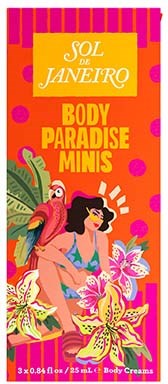 Kolorowa ilustracja dwóch kobiet z tropikalnymi kwiatami, papugą i żywym tłem dla produktu Sol de Janeiro.