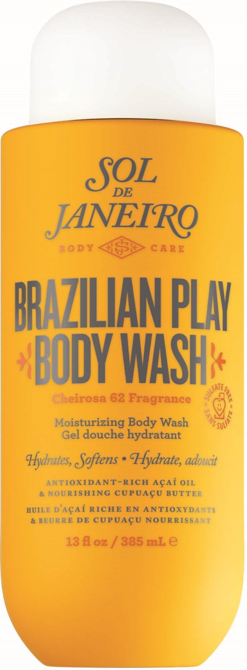 Gul flaska av Sol de Janeiro Brazilian Play Body Wash med vitt lock, innehåller återfuktande och antioxidant ingredienser.