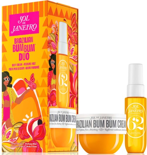Vibrant packaging with bright yellow and pink tones, featuring tropical flowers and women enjoying sunshine.