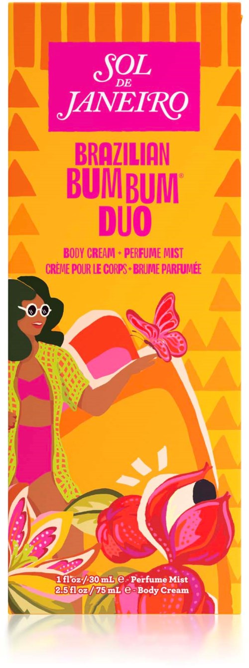 A tropical illustration with a woman holding a drink, flamingos, flowers, and pink butterflies; bright orange background.