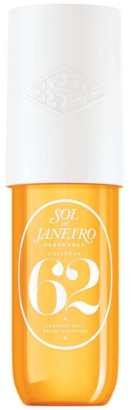 Orange bottle with white cap, labeled SOL and JANEIRO 62, for skin or body lotion or sunscreen.