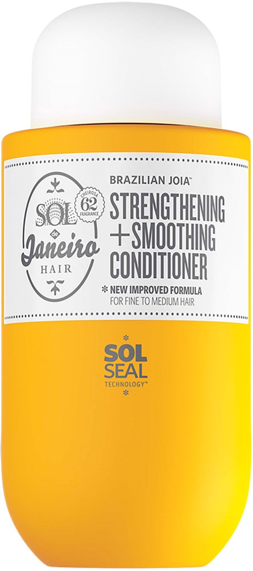 Gul flaske av Sol de Janeiro styrkende og jevnende balsam med hvit lokk.