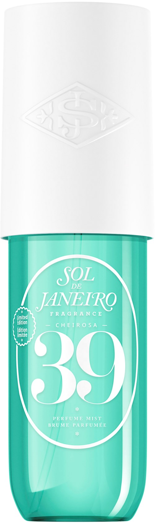 En tealfarget flaske med hvit lokk, merket med tallet 39 og merket Sol Janero.