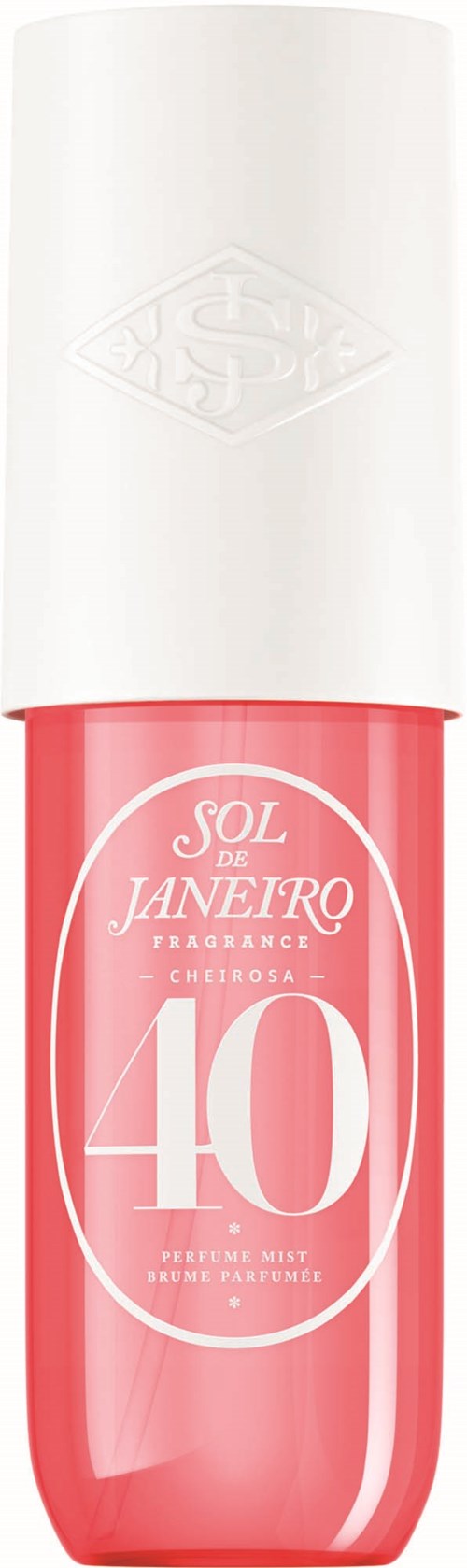 A perfume bottle with a white cap and pink body, labeled "Sol de Janeiro 40".