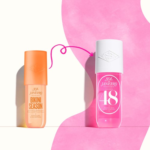 Two sun protection bottles, one orange labeled 'Bikini Season' and one pink with '48' SPF, on a pink and white background.