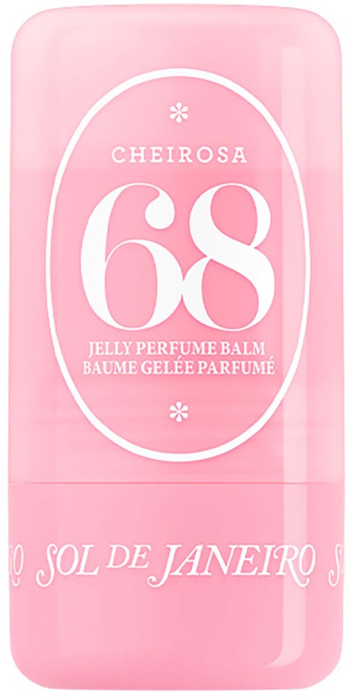 Ett rosa balmbehållare med vitt text för Cheirosa 68 geléparfymbalm från Sol de Janeiro.