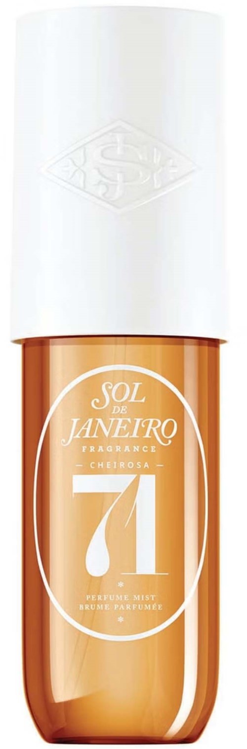 A bottle with white cap, orange body, and white text, labeled 'Sol de Janeiro Cheirosa 71.'