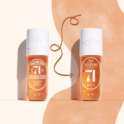 Two orange bottles with white caps, connected by a string, on a pastel background. The bottles display logos and text.