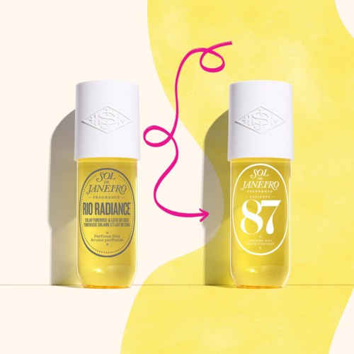 Two yellow perfume bottles with white caps, connected by a pink line, on a yellow and white background.