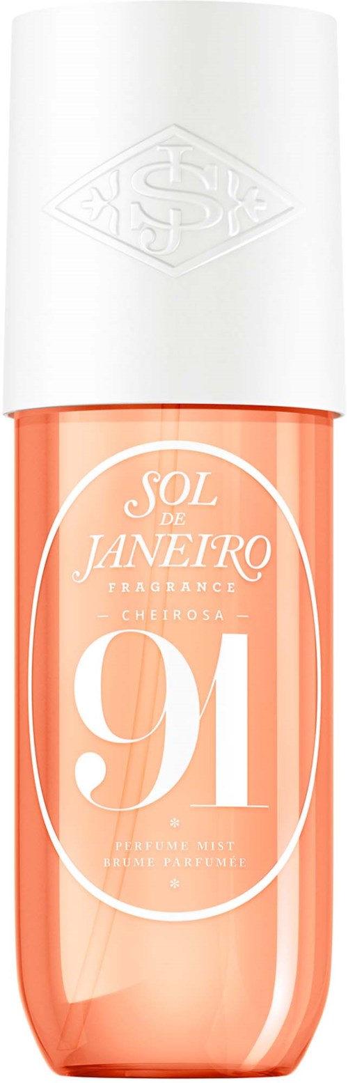 A small perfume bottle with a white cap and orange-pink liquid inside, labeled 'Sol de Janeiro 91'.