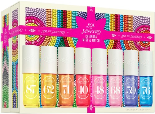 En färgglad samling av åtta nagellack i en box med ljusa fjärds- och pärldesigner, med olika nyanser och nummer.