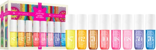 Set med 12 färgglada nagellackflaskor med förpackning och dekorativa detaljer.