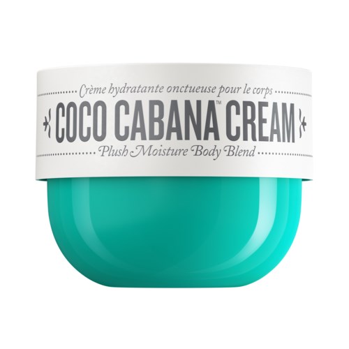 Ein runder turquoise Behälter mit weißem Deckel mit der Aufschrift 'Coco Cabanana Cream' und Beschreibungen auf Französisch und Englisch.