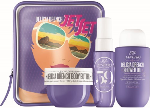 Set of body care products with a purple theme, including body butter, shower oil, and lotion featuring a beach scene.
