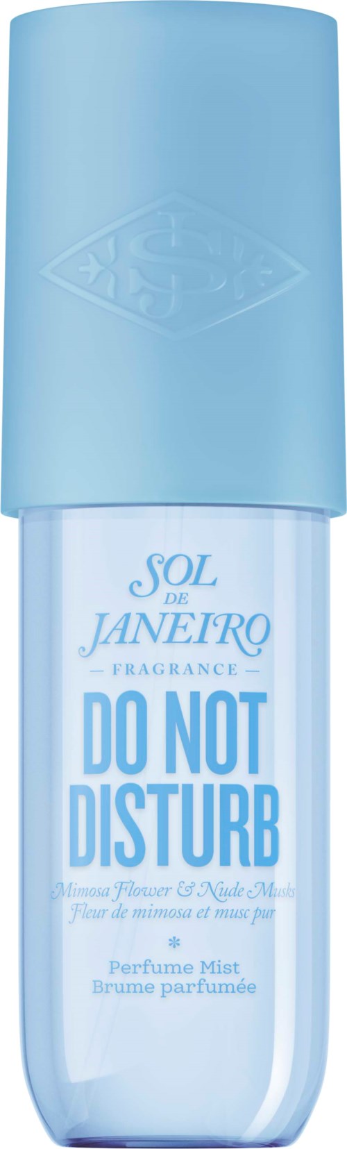 A light blue spray bottle labeled "Do Not Disturb" with a floral scent, designed to freshen and deodorize.