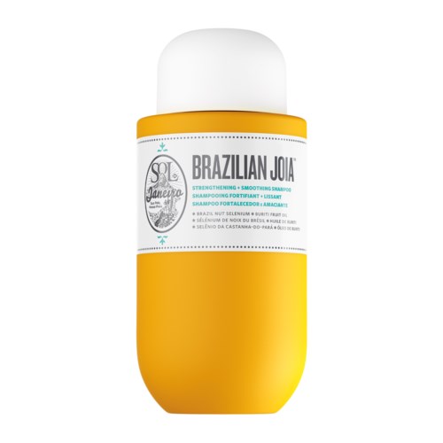 En gul och vit flaska med Brazilian Joia stärkande och utjämnande schampo.