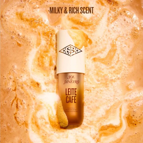 Leite Cafe neste ja maitomainen vaahtotausta ja teksti Milky & Rich Scent päälle.