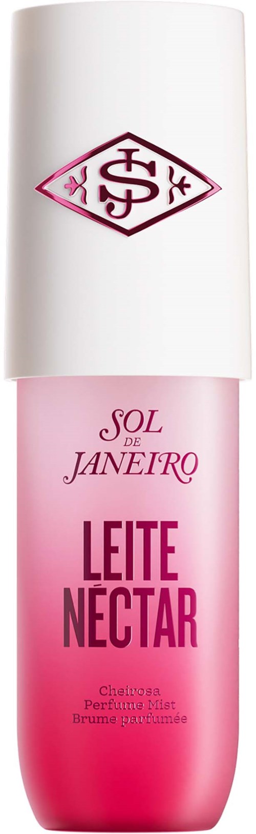 Vaaleanpunainen ja valkoinen pullo Sol de Janeiro'n Leite Nectar -tuoksulle, valkoinen korkki ja pinkki liukuvärinen runko.