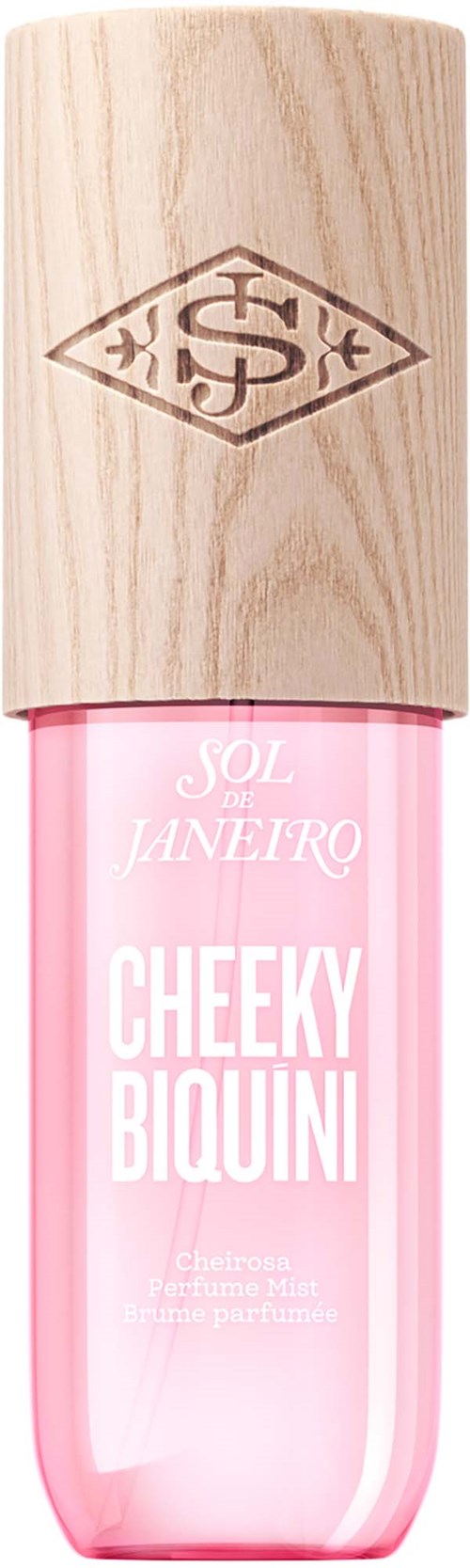En rosa parfymeflaske med treindakopp av tre med logo, merket Cheeky Bikini av Sol de Janeiro.