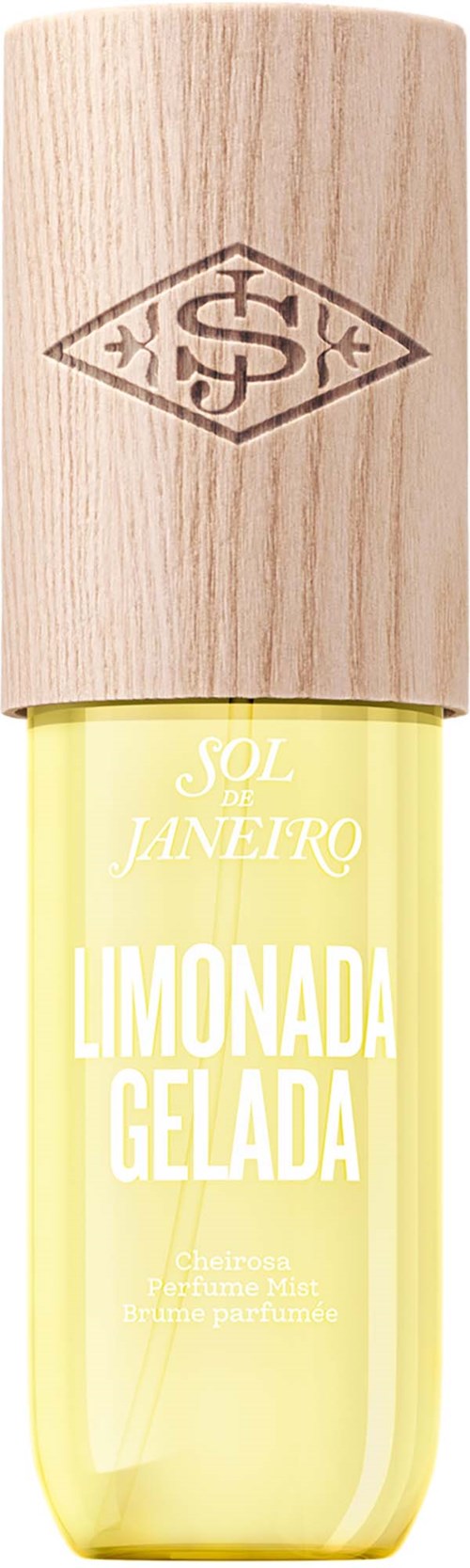 Een gele parfumfles met een houten dop en witte tekst, gelabeld Sol de Janeiro Limonada Gelada.