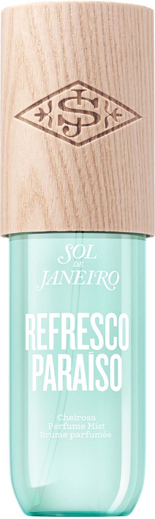 En parfymeflaske med trekopp og lyseblå væske, merket Sol de Janeiro Refresco Paraíso.