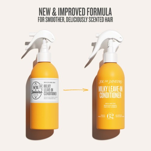 Två gula sprayflaskor med Milky Leave-In Conditioner från Sol de Janeiro, visar en förbättrad formel för blankare hår.