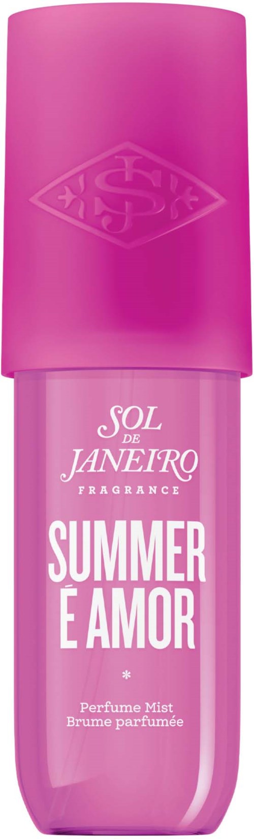 Pink spray bottle labeled 'Summer e Amor' with a cap and floral scent. It is a perfume mist.