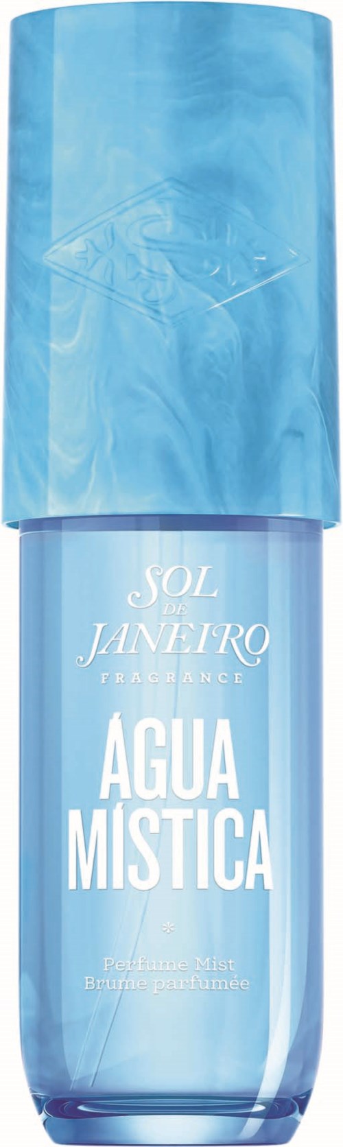 Blå flaska med vit text, märkt 'Agua Mistica' från Sol Janeiro, parfym eller doft.