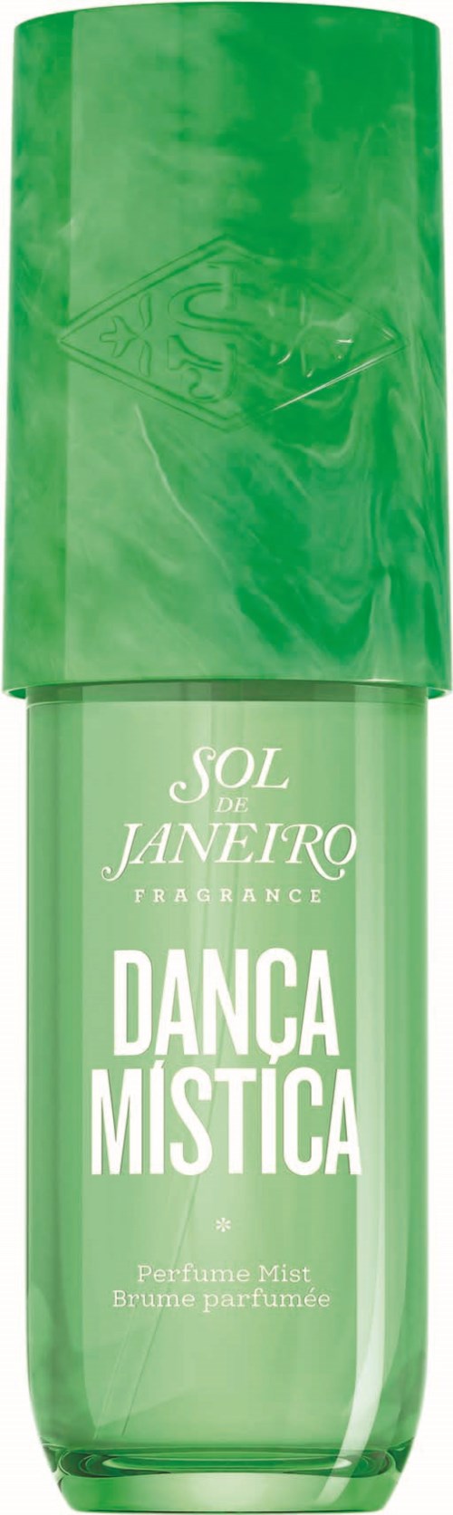 A green perfume spray bottle labeled 'Sol of Janeiro Danca Mistica' with a shiny cap.