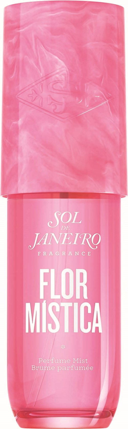 En rosa parfymlåda märkt 'Flor Mística' från Sol Janeiro, med en matchande rosa cap.
