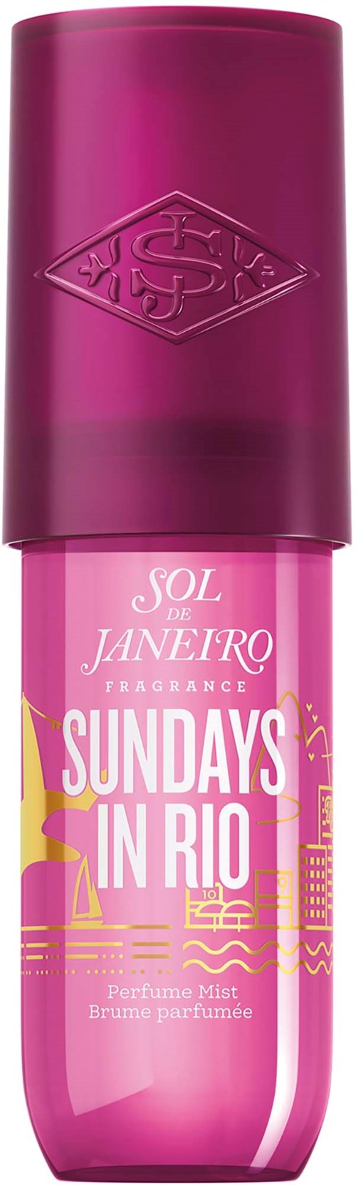 A pink perfume mist bottle with purple cap, labeled "Sundays in Rio" and "Sol de Janeiro".