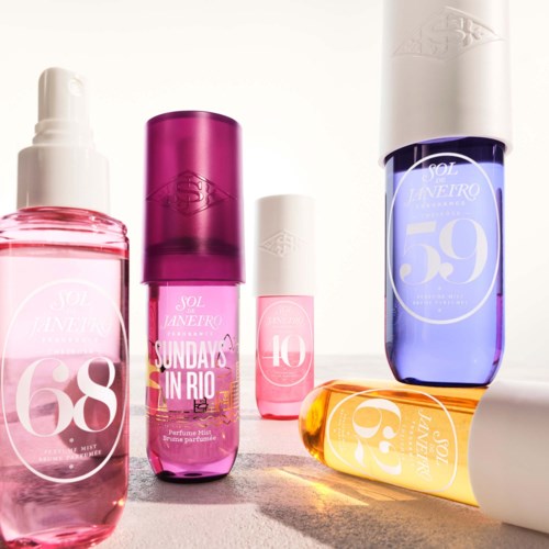 Five skincare bottles in pink, purple, blue, and yellow colors with numbers and brand names.