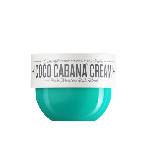 Ein kleiner, runder, türkisfarbener Behälter mit weißem Deckel, beschriftet 'Coco Cabana Cream' für Hautfeuchtigkeit.