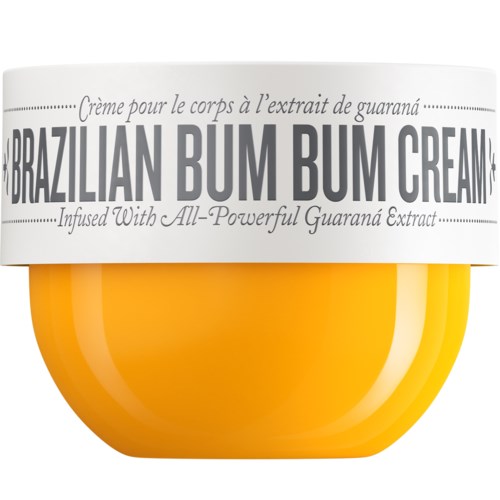 En gul behållare med vit lock märkt 'Brazilian Bum Bum Cream' och nämner guaranaextrakt. Enkel och färgglad design.