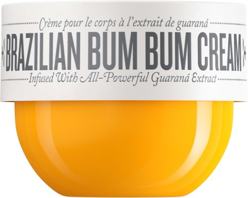 Keltainen purkki Brazilian Bum Bum -kermälle, jossa valkoinen etiketti, mainitsee guarana-uutteen ja sileän ihon
