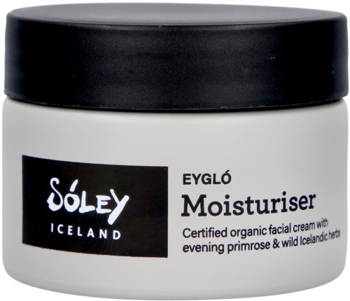 En hvit krukke med svart lokk, merket 'Sóley Iceland' og 'Moisturiser' for organisk ansiktskrem med urter.