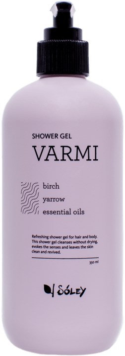 En hvid flaske med VARMI shower gel med sort pumpe, mærket med ingredienser som birk, yarrow og essentielle olier.