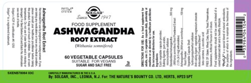 Etiketten visar en produkt som heter Ashwagandha rotutdrag, med 60 vegetabiliska kapslar, lämplig för veganer, saltfri, distribuerad av SOLGAR.