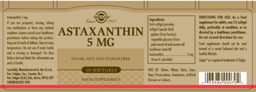 Nahrungsergänzungspackung für Astraxanthin mit Dosierungs- und Zutatenangaben auf Etikett.