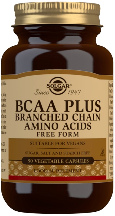 En brun flaska med guldkap, märkt som BCAA Plus med grenade aminosyror, lämplig för veganer.