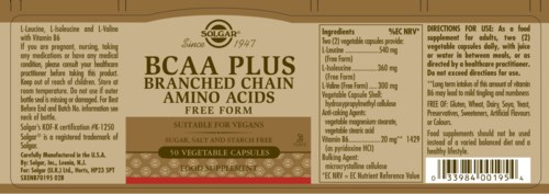 En kosttillskottsmärkning för BCAA Plus med aminosyror, grönsaker och socker, från 1947, visar ingredienser och instruktioner.