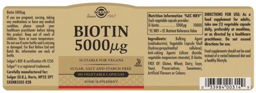 Etiketten viser et kosttilskudd kalt Biotin, 5000 mcg, med informasjon om ingredienser, instruksjoner og advarsler.