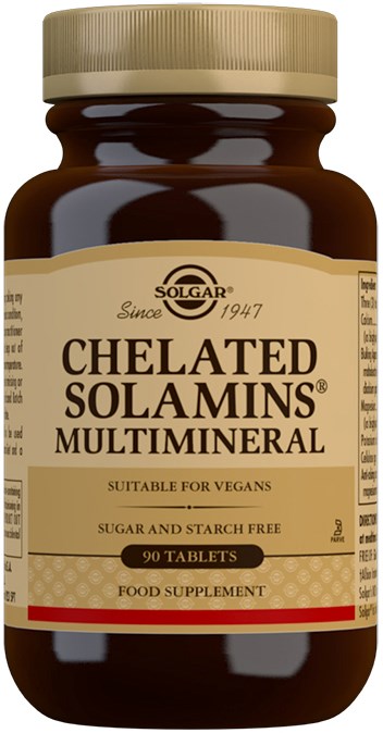 En brun flaska med beige lock, etiketten säger Solgar Chelated Solamins Multimineral, vegansk, sockerfri, 90 tabletter, kosttillskott.