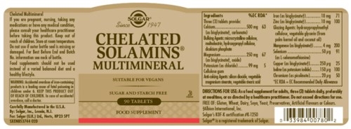 En etikett för ett veganskt, sockerfritt, smakrikt multiminral Supplement med information om ingredienser och användningsinstruktioner.